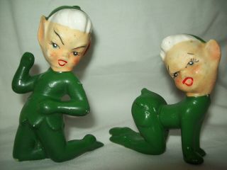 2 Vintage Green Elf Pixie Fairy Figurines Ceramic Pottery