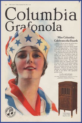 Vintage 1919 Columbia Grafonola Phonograph 4th July Rolf Armstrong Art Print Ad