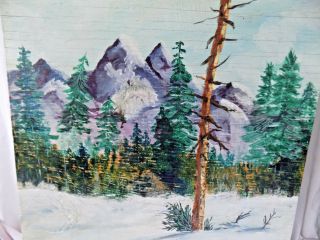 Mountains,  Pine Trees Signed Painting on Wood,  Winter Snow Scene 15 