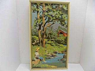 Vtg Paint By Number Pbn Art Painting Country Boy Fishing In Summer 11x19 Mcm