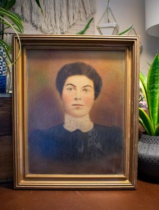 Antique Portrait Painting – Victorian Woman In Black,  White Collar - Oil,  Mixed