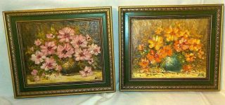 Vintage Chunky Still Life Floral Flowers Oil Painting Signed & Framed 13 X 11