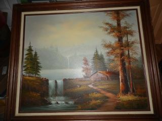 Mid Century Waterfall Landscape Painting Oil On Canvas Ron Russell