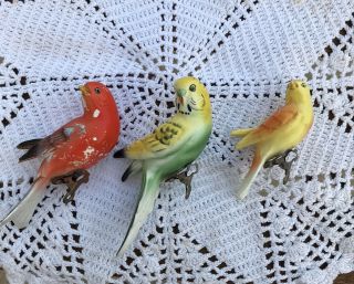 3 Vintage Porcelain Bird Clip On Ornaments Green Yellow And Red