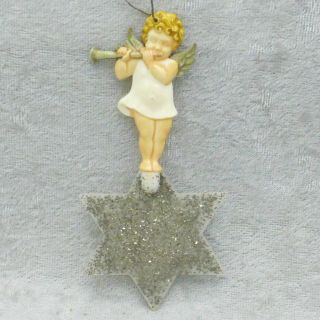 Vintage Hard Plastic Angel On Star Christmas Ornament Flute Germany 1940s
