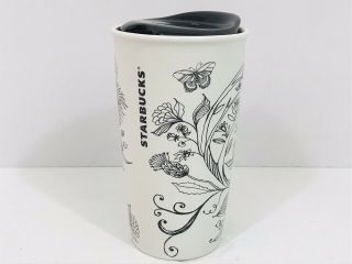 Starbucks Tumbler Black White Floral Heart Ceramic Travel Cup With Lid 2014