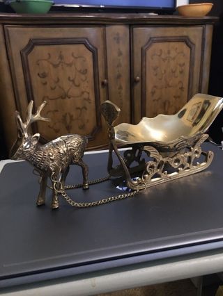 Vintage Brass Reindeer And Sleigh,  Shelve Christmas Ornament / Candy Dish
