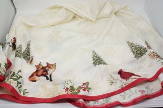 Christmas Tablecloth Ivory Round Winter Scene Snowman Vintage Red Truck
