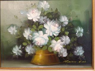 Artist Robert Cox Signed Framed Oil On Canvas White Cabbage Roses 19.  5 " X 23.  5 "