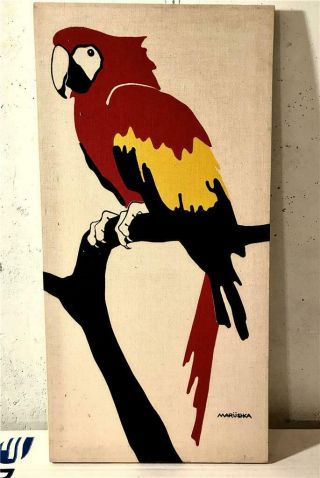 1970s Marushka Silk Screen Stretched Print Wall Hanging Colorful Macaw Parrot