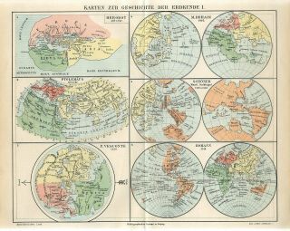 1895 History Of World Geography Maps Globe Herodotus Ptolemy Behaim Antique Map