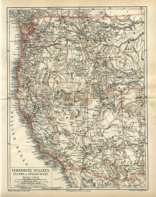 1874 Usa Pacific Ocean States California Nevada Oregon Washington America Map
