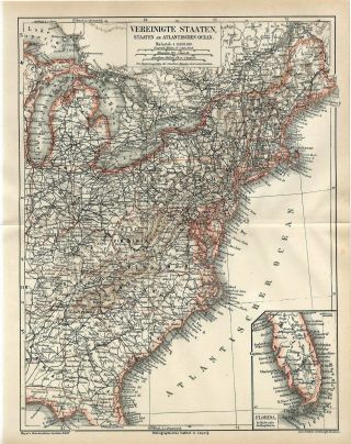1874 Usa Atlantic Ocean States Florida York Virginia Carolina America Map