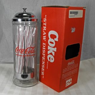 Vintage Coca - Cola Coke Straw Dispenser Diner Style Glass & Chrome Nos