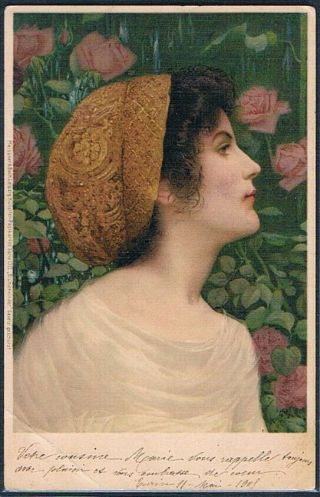 D062 Art Nouveau Pretty Lady In Profile Fine Litho Meissner & Buch 1311