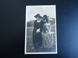 Women With Dog Sitting On Stump & Collar Early 1900 