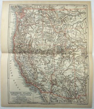 German 1878 Map Of The Western Usa.  Ca,  Nv,  Or,  Wa,  Id,  Ut,  Az