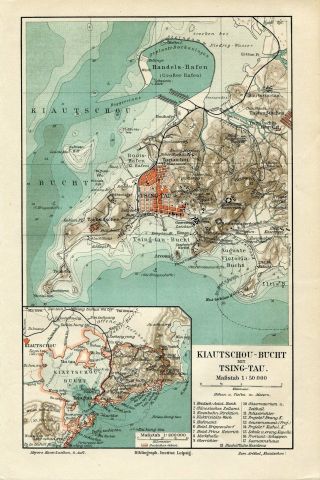 1895 China Town Plan Of Tsingtao (qingdao) Jiaozhou Wan Bay Antique Map