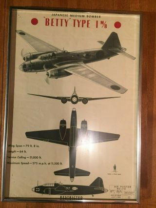 Rare Vtg 1943 U.  S.  Recognition Poster Japanese G4m " Betty " Bomber Framed 20x14 "