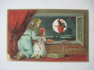 Vintage Tucks Halloween Postcard Girls & Witch On Broom Stick With Black Cat