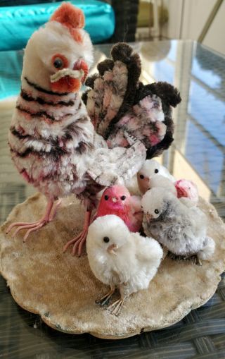 Vintage Spun Cotton Chenille Rooster And 5 Chicks,  Gray And Pink