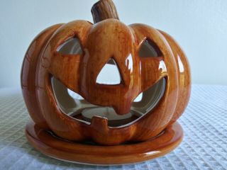 Jack - O - Lantern Halloween Pumpkin Ceramic Votive Tea Light Candle Holder Euc