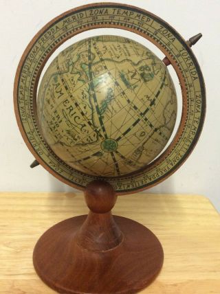 Small Vintage Wooden Desktop Globe Made In Hong Kong.