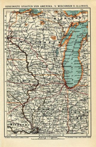 1909 Usa America Wisconsin And Illinois Indiana Iowa Missouri Michigan Map Dated