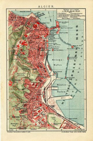 1909 Algeria Algiers City Plan Antique Map Dated