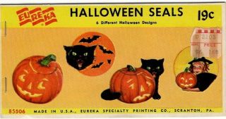 Vintage 1961 Eureka Halloween Gummed Seals Booklet Black Cat Witch Pumpkin