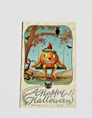 Antique Halloween Post Card With Jack - O - Lantern Man In Swing