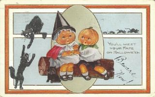 Whitney Halloween Postcard Pumpkin Head Girl & Boy Black Cats Mice