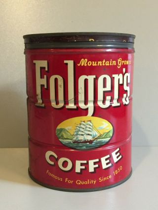 Vintage 1959 Folgers Coffee 2 Lb Tin Can With Lid Key Wind Ship Picture