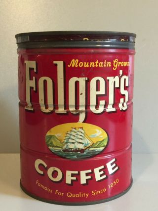 VINTAGE 1959 FOLGERS COFFEE 2 LB TIN CAN WITH LID KEY WIND SHIP PICTURE 2