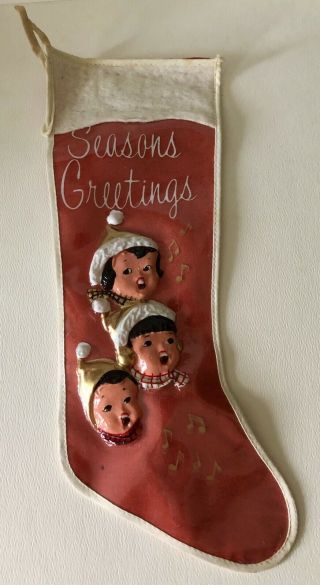 1950s Felt &clear Plastic Seasons Greetings Children Singing Christmas Stocking