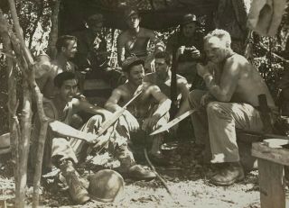WWII Photo US Army Soldiers with Rifles Helmets Machete Camp Pacific 2