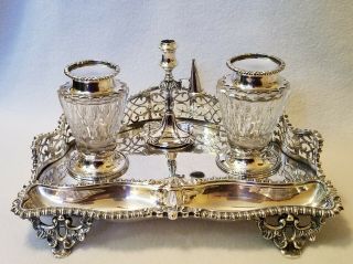 19th Century Elkington & Co Silver - Plated Inkstand Double Inkwell Standish 1867