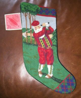 Vtg Wool Needlepoint Christmas Stocking Jabara 18 " Golfing Santa Plaid