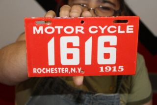 Rochester York Motorcycle 1915 License Plate Gas Oil Porcelain Metal Sign