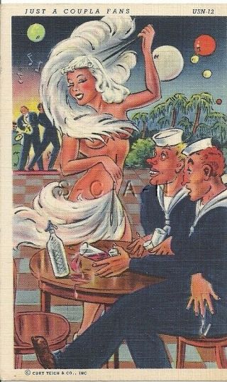 1940s Wwii Us Navy Risque Comic Linen Pc - Nude Flamenco Fan Dancer - Couple Fans