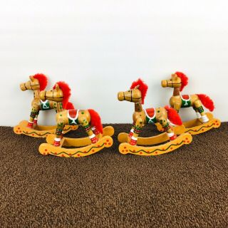 4 Vintage Rocking Horse Christmas Ornaments Wood Red White Green