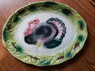Vtg Holiday Turkey Platter (18x14) Italy Hand - Painted Rich Color Gobble Gobble