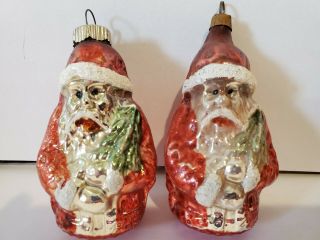 Antique Mercury Glass Santa With Christmas Tree Ornaments Set Of 2