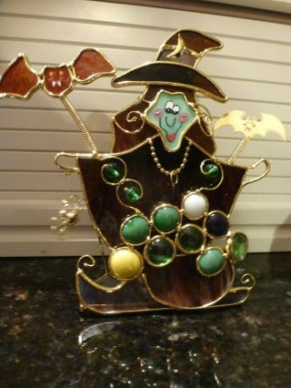 Euc Metal,  Stained & Slag Glass Halloween Votive/ T - Lite Candle Holder Witch