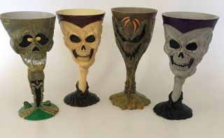 Set Of 4 Skull Mummy Goblets Creepy Fun Spooky Party Halloween Undead Boo