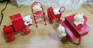 Avon Red Teddy Bear Set Of 4 Metal Christmas Ornaments - Carriages,  Train,  Piano