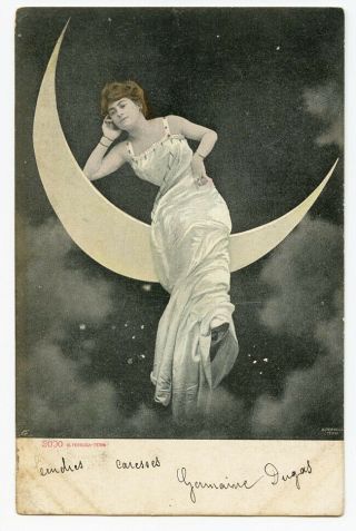 C 1904 Young Beauty Lady On Paper Moon Fantasy French Postcard