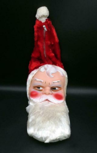 Vintage Christmas Santa Claus Rubber Face Fuzzy Beard Bijou Stocking Zipper Bag