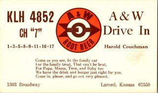Qsl Radio Card From Larned Kansas Klh 4852 A&w Root Beer Drive In