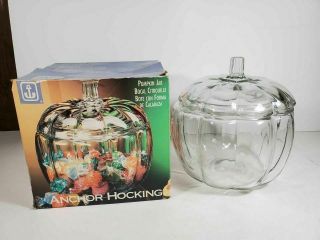 Large Glass Anchor Hocking Pumpkin Jar With Lid.  Halloween Candy Bowl Cookie Jar